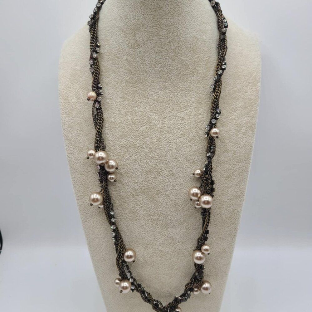 J Crew Copperish Necklace with Faux Pearls and Clear Crystals - Picture 11 of 13
